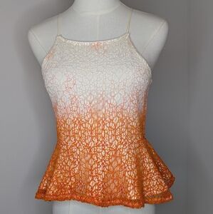 TopShop Hand-dyed Lace Peplum Blouse Top Size 2 Spring Summer Orange